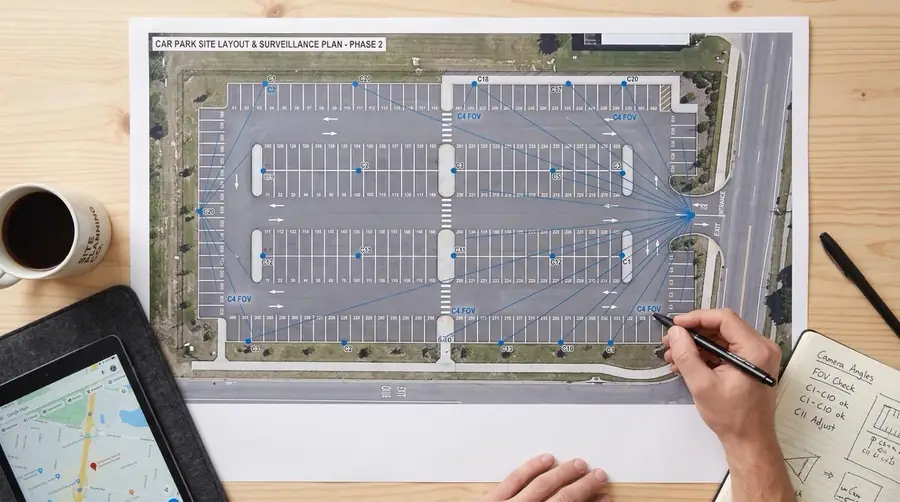 Ein ausgedruckter Parkplatzplan auf einem Tisch, auf dem Kamerastandorte und Sichtfelder eingezeichnet werden